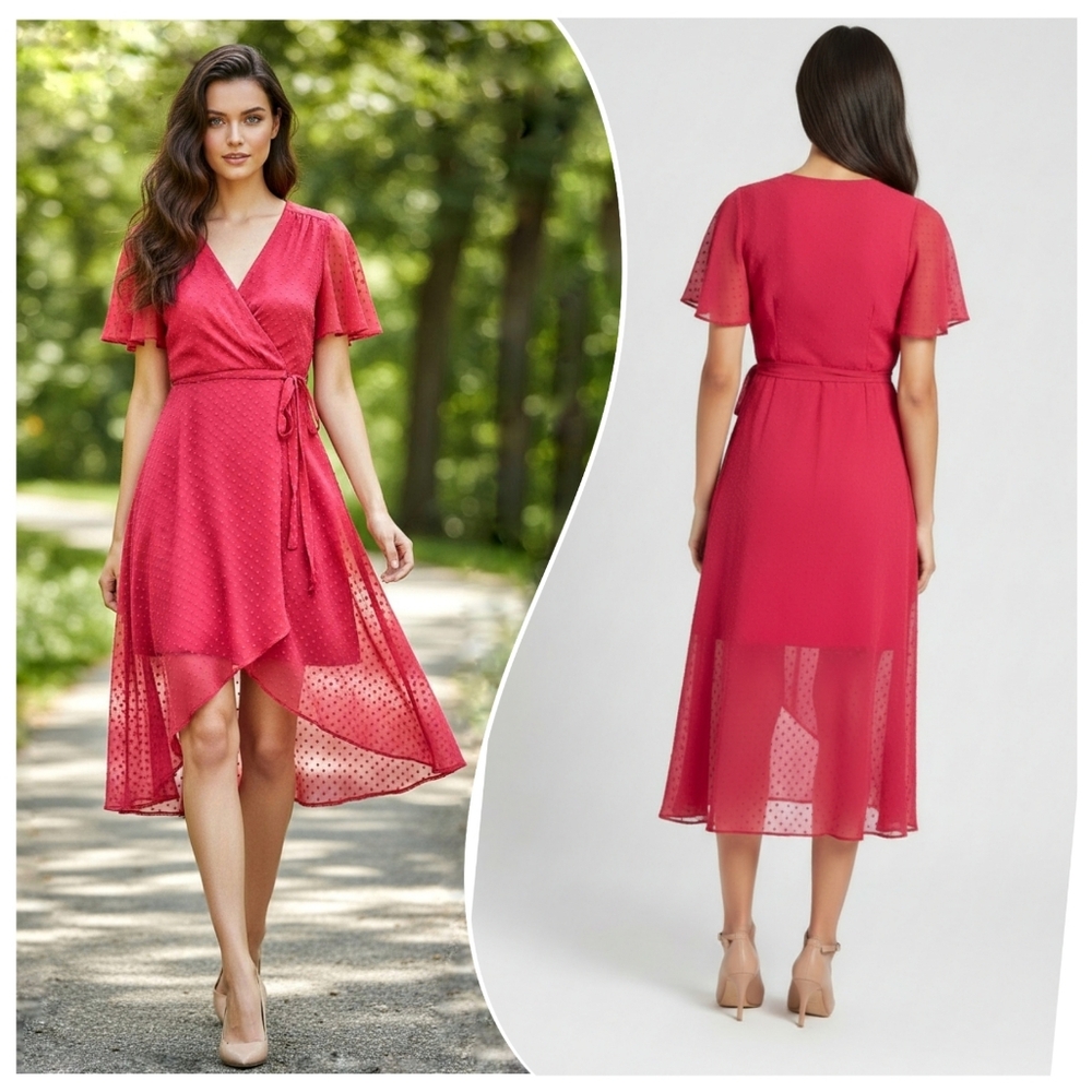 Vince‎ Camuto Wrap High Low Dress in Raspberry Pink "Berry" Shade